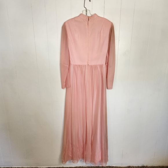 Vintage Pink Floral Mod Party Dress Taffeta Formal Gown High Neck 60s Small - Picture 6 of 14